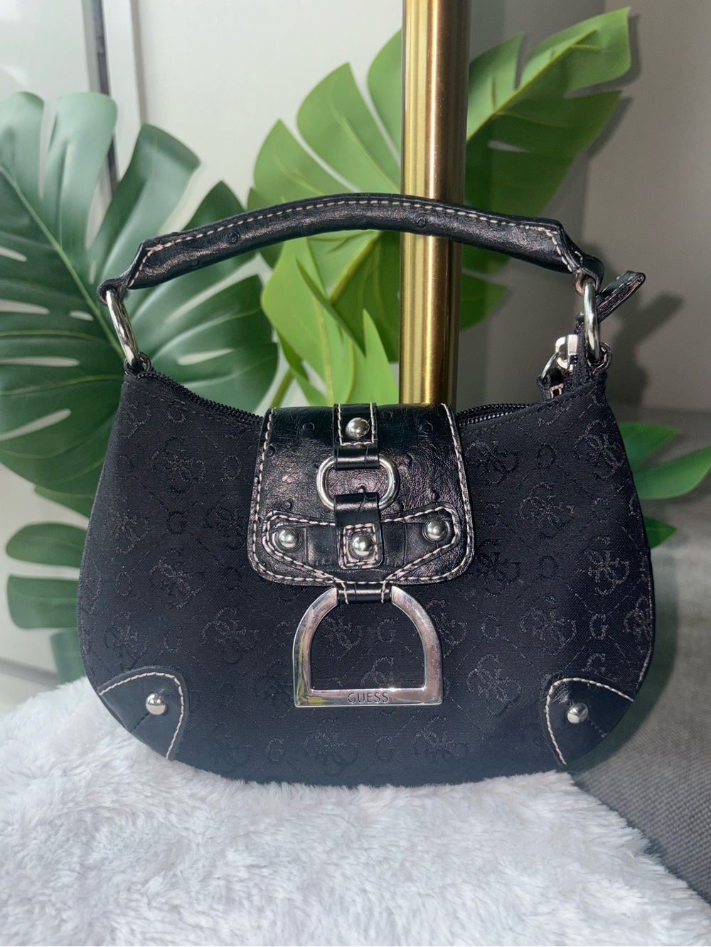 Vintage Y2K Guess Black Mini Bag Monogram Jacquard Silver Buckle Purse